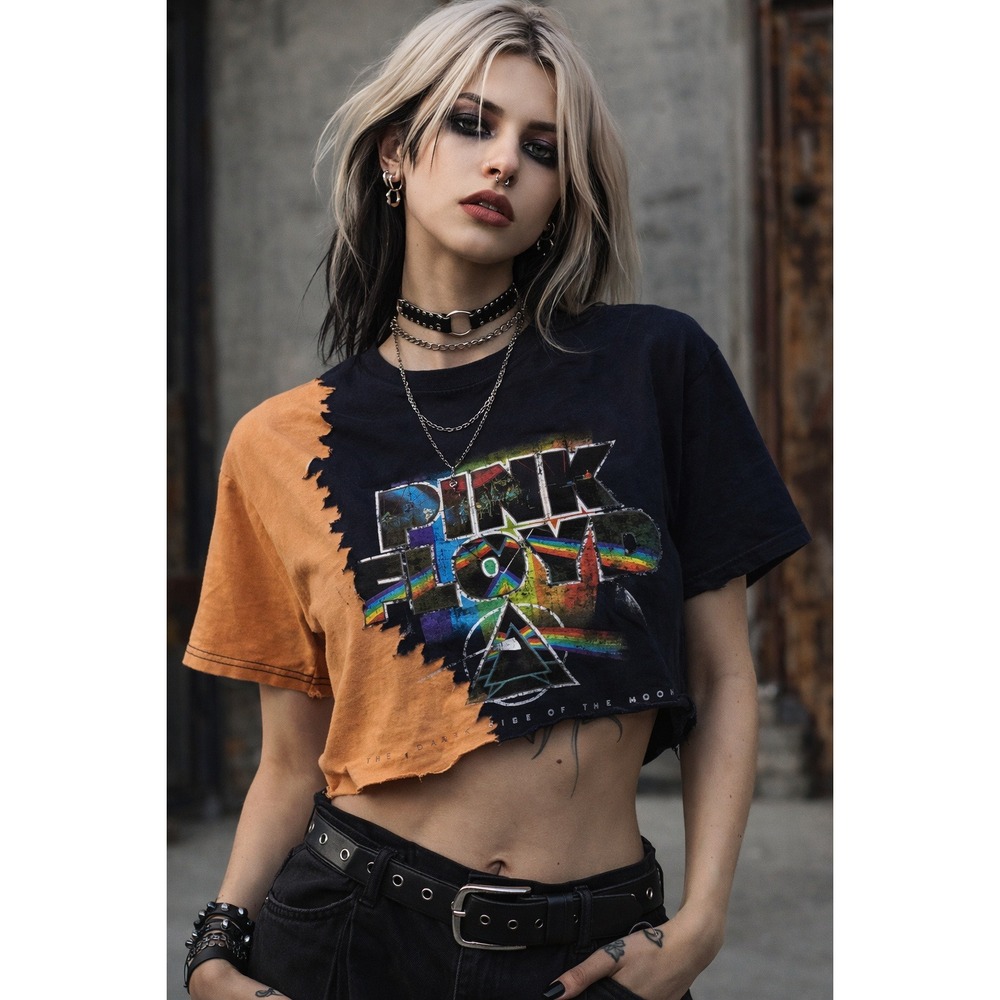 Pink Floyd Dark Side of the Moon Cropped T Shirt Orange Black Tie Dye‎